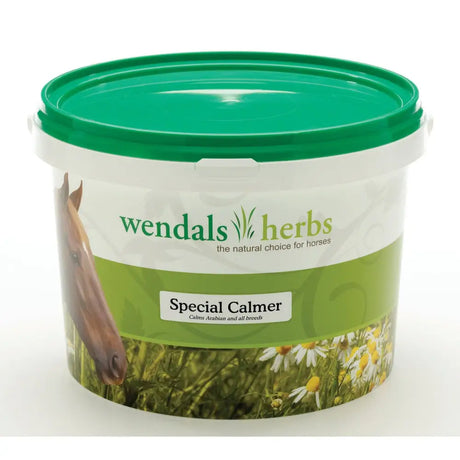 Green-lidded plastic tub of wendals special calmer natural horse supplement developed specifically for arab breeds with daisy label