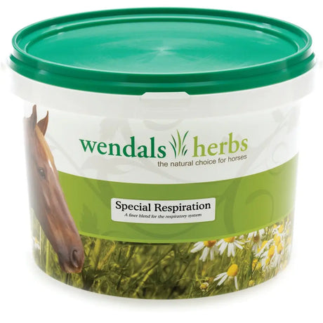 Green and white plastic container of wendals special respiration herbal supplement with finer ground variation for horses