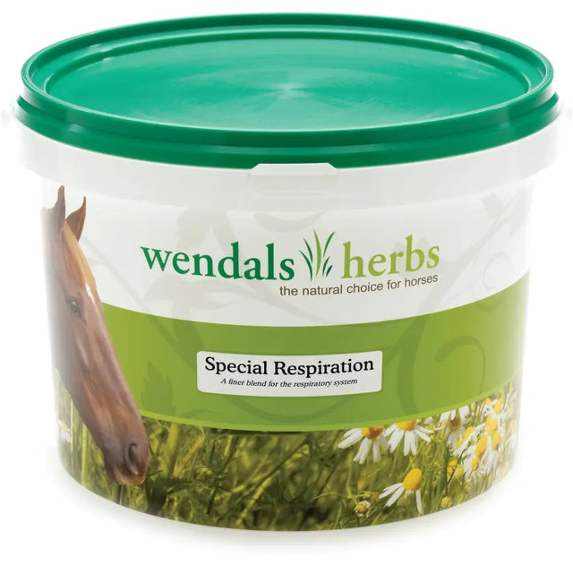 Green and white plastic container of wendals special respiration herbal supplement with finer ground variation for horses