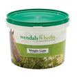 Green-lidded plastic tub of wendals weight gain horse supplement with a horse head and daisies for younger horses
