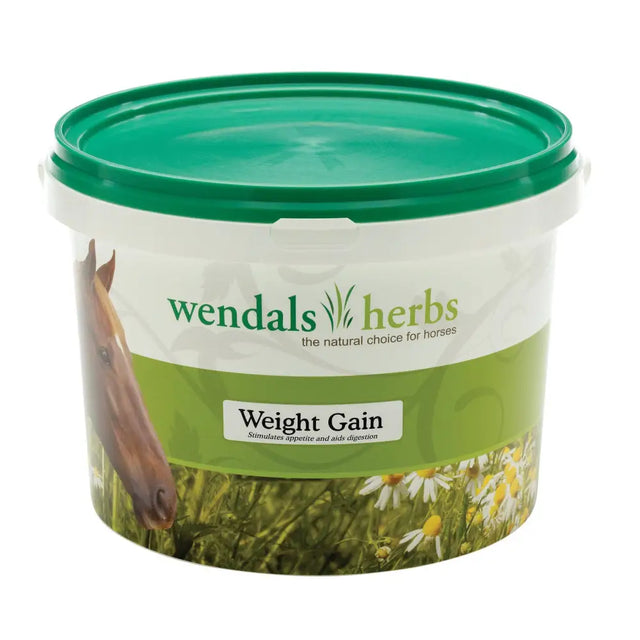 Green-lidded plastic tub of wendals weight gain horse supplements with daisies and horse head for younger horses