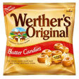 A glossy golden-brown package of werthers original butter candies with bold brown lettering and red beige design