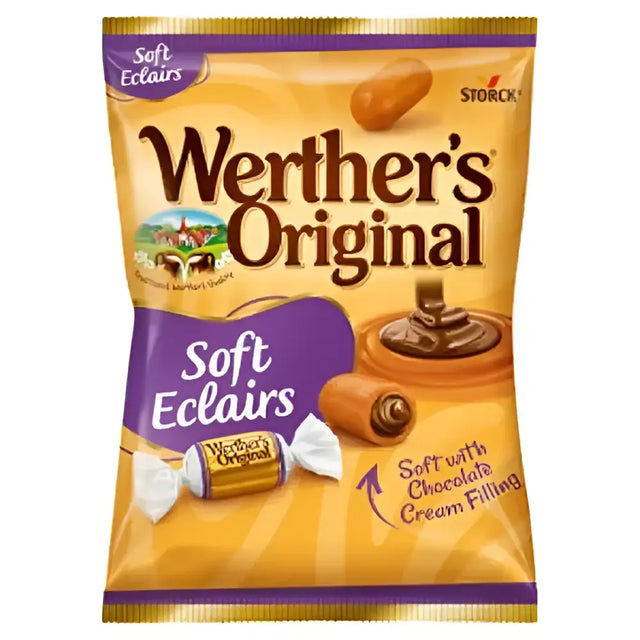 A vibrant yellow and purple werthers original soft eclairs package showing chocolate filled pastries perfect for equestrian snacks