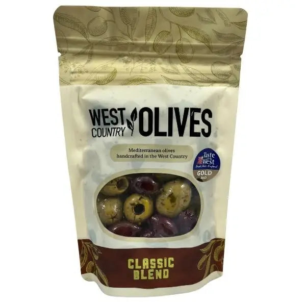 A beige and brown resealable pouch of west country classic blend green and black olives showing picante pimento olives