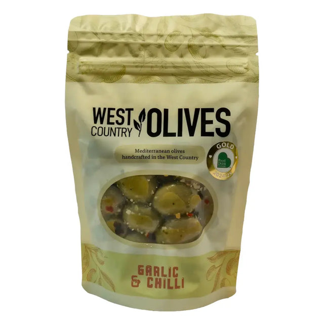 A bag of west country garlic and chilli olives with delphi stuffed green olives handcrafted in the west country