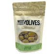 A resealable pouch of west country green pitted olives with olive branch patterns and a clear window featuring picante pimento olives