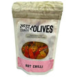 A pink and white resealable pouch of west country hot chilli olives 175g with a clear window showing delphi stuffed green olives and south devon chilli peppers