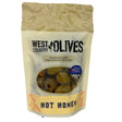 A cream-colored resealable pouch of west country hot honey olives 175g with clear window showing mediterranean olives