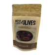 A beige and brown resealable pouch of west country kalamata olives with a clear window showing dark purple olives perfect for country picante pimento recipes