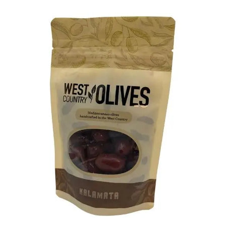A beige and brown resealable pouch of west country kalamata olives with a clear window showing dark purple olives perfect for country picante pimento recipes