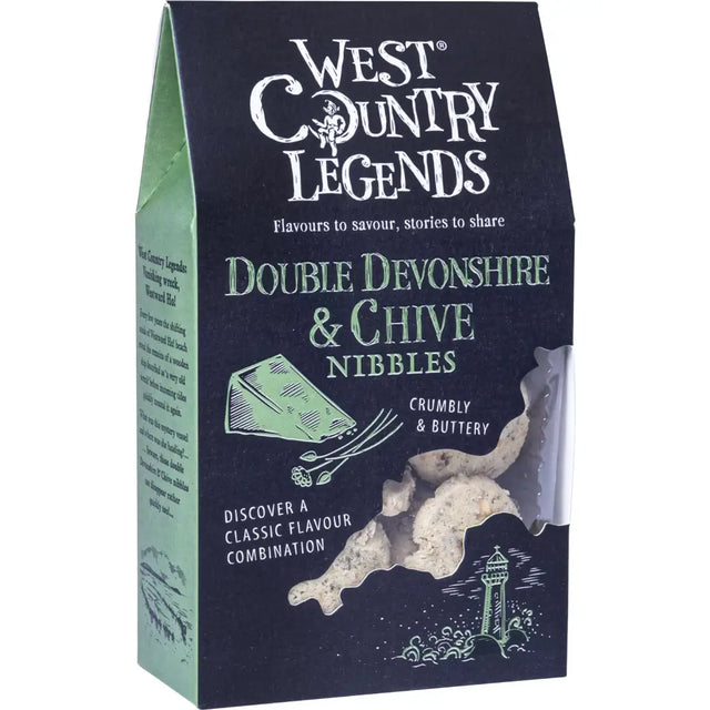 Dark blue package of west country legends double devonshire & chive nibbles with cheese slices and chives design