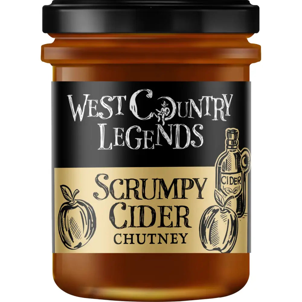A glass jar of west country legends scrumpty cider chutney with a black lid and gold-accented apple label