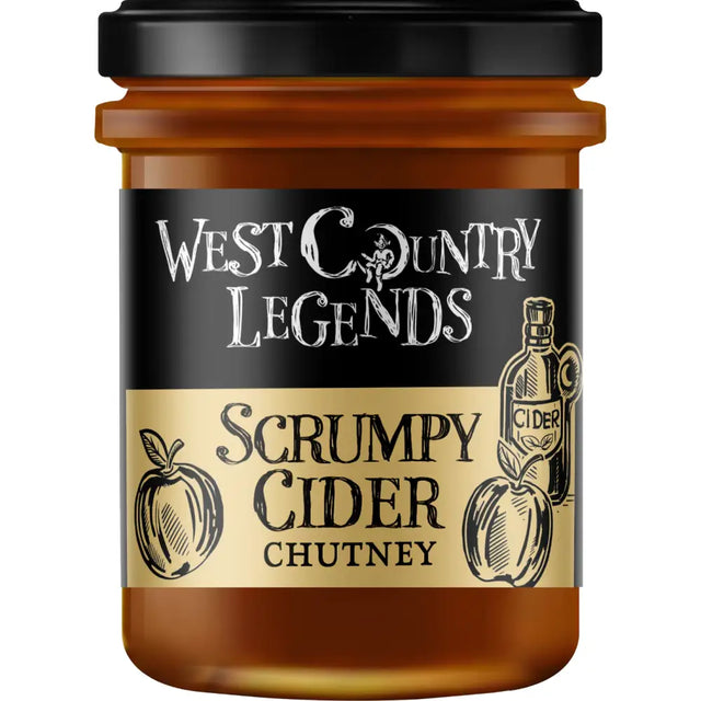 A glass jar of west country legends scrumpty cider chutney with a black lid and gold-accented apple label