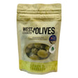 A beige and yellow resealable pouch of west country lemon and tarragon olives with a clear window showing delphi stuffed green olives