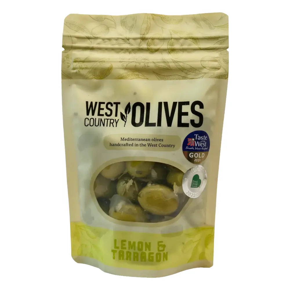 A beige and yellow resealable pouch of west country lemon and tarragon olives with a clear window showing delphi stuffed green olives