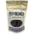 A package of west country moroccan black olives with a clear window and olive branch design featuring dark pitted fruit