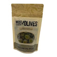 A beige pouch of handcrafted west country nocellara del belice olives with green mediterranean olives inside and olive branch patterns