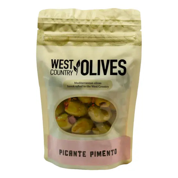 Beige resealable pouch of west country picante pimento olives with clear window showing green delphi stuffed green olives
