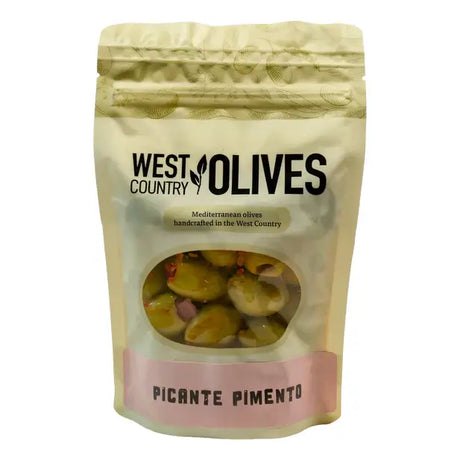 A beige resealable pouch of west country picante pimento olives shows delphi stuffed green olives through a clear window