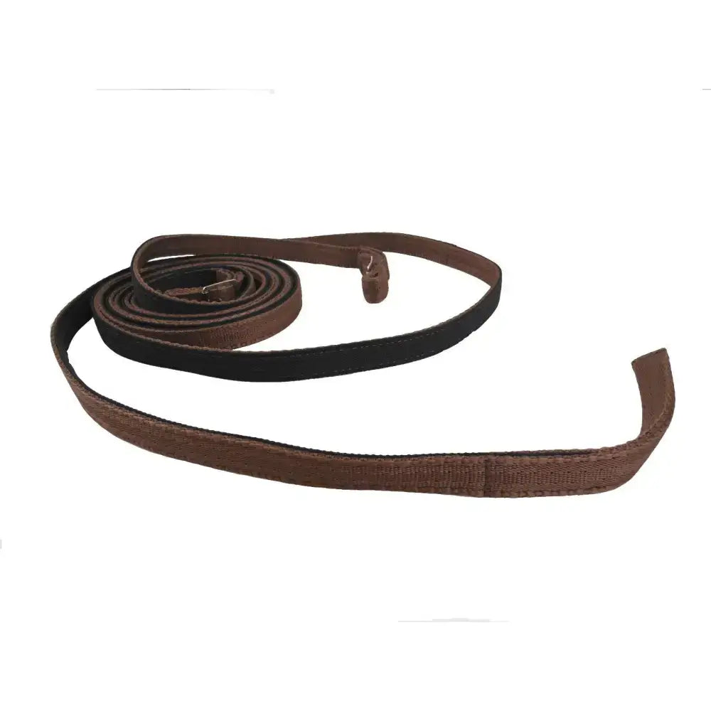 Brown leather western reins with black lining and metal buckle featuring rubber grip for secure handling