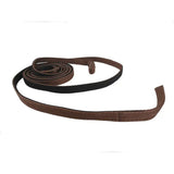 Brown leather western reins with black lining and metal buckle featuring rubber grip for secure handling
