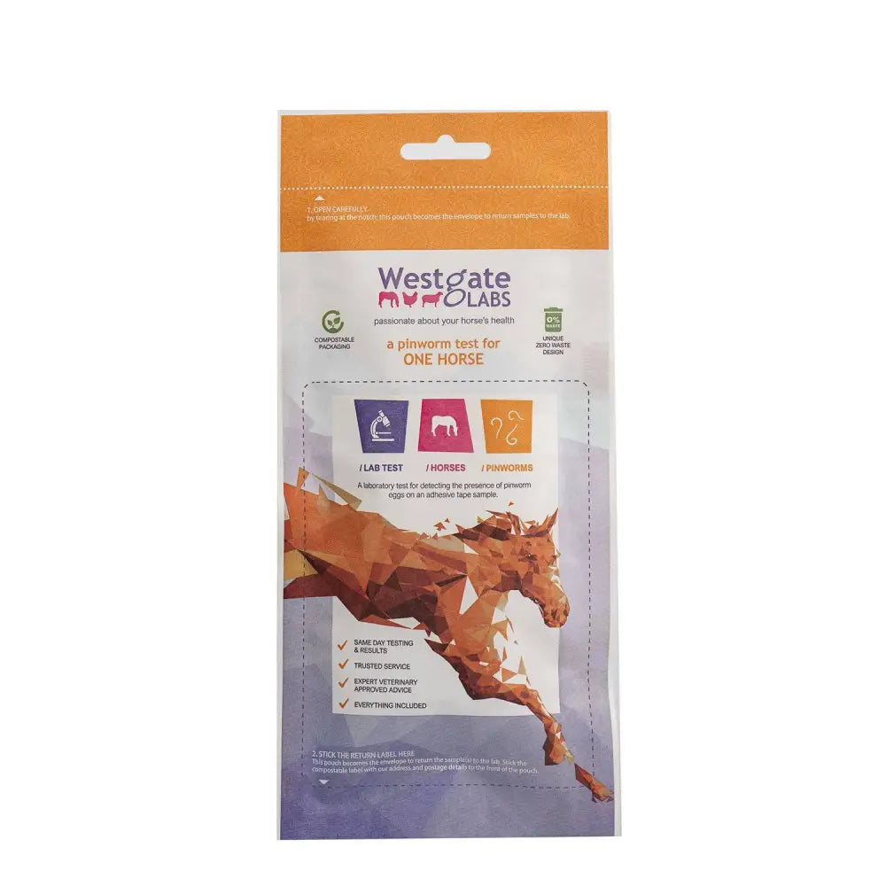 Westgate laboratories pinworm test kit for one horse in a compostable pouch with an orange purple zero waste design