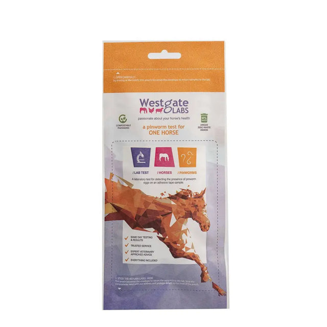 Westgate laboratories pinworm test kit for one horse in a compostable pouch with an orange purple zero waste design