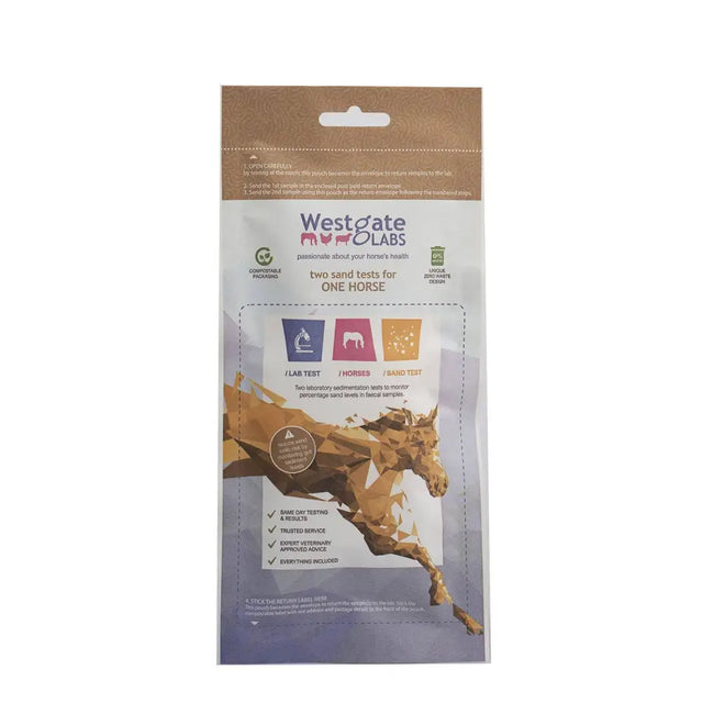 Westgate laboratories sand test kit with unique zero waste design and a stylized golden horse on packaging