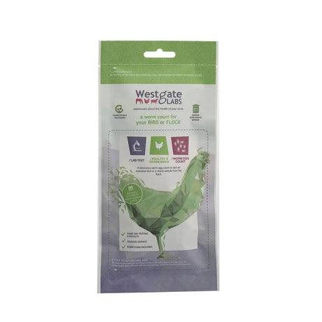 Westgate laboratories worm count kit in green and white zero waste design package with chicken illustration