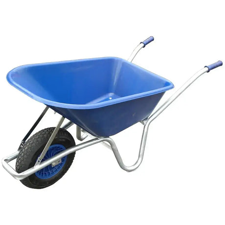 Blue wheelbarrow 100ltr with ply pneumatic tyre and steel frame plated steel for heavy duty use