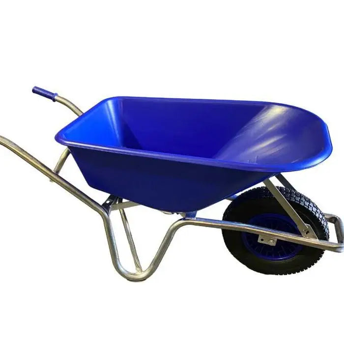 Blue plastic wheelbarrow 100ltr blue with steel frame plated steel handles and ply pneumatic tyre for easy use