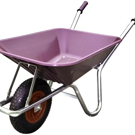Purple plastic wheelbarrow 90ltr burgundy with plated steel frame and metal handles for easy gardening tasks