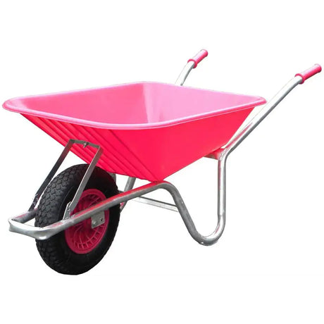 Bright pink wheelbarrow 90ltr pink with plated steel frame and ply pneumatic tyre for easy garden use
