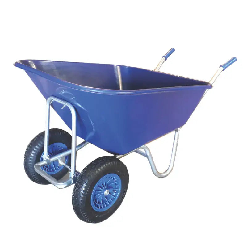Blue plastic twin wheel 280l wheelbarrow with big blue poly tray and silver metal frame ready built for heavy loads