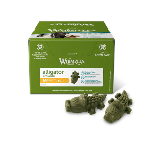 Olive-green whimzees alligator display medium dental treats for adult dogs with metabolizable energy kcal chew benefits