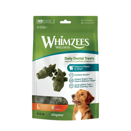 Green and white whimzees alligator treat pack featuring wellness daily dental alligator treats for dogs