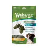 Green and white whimzees alligator treat pack with daily dental treats shaped like alligators for dog wellness