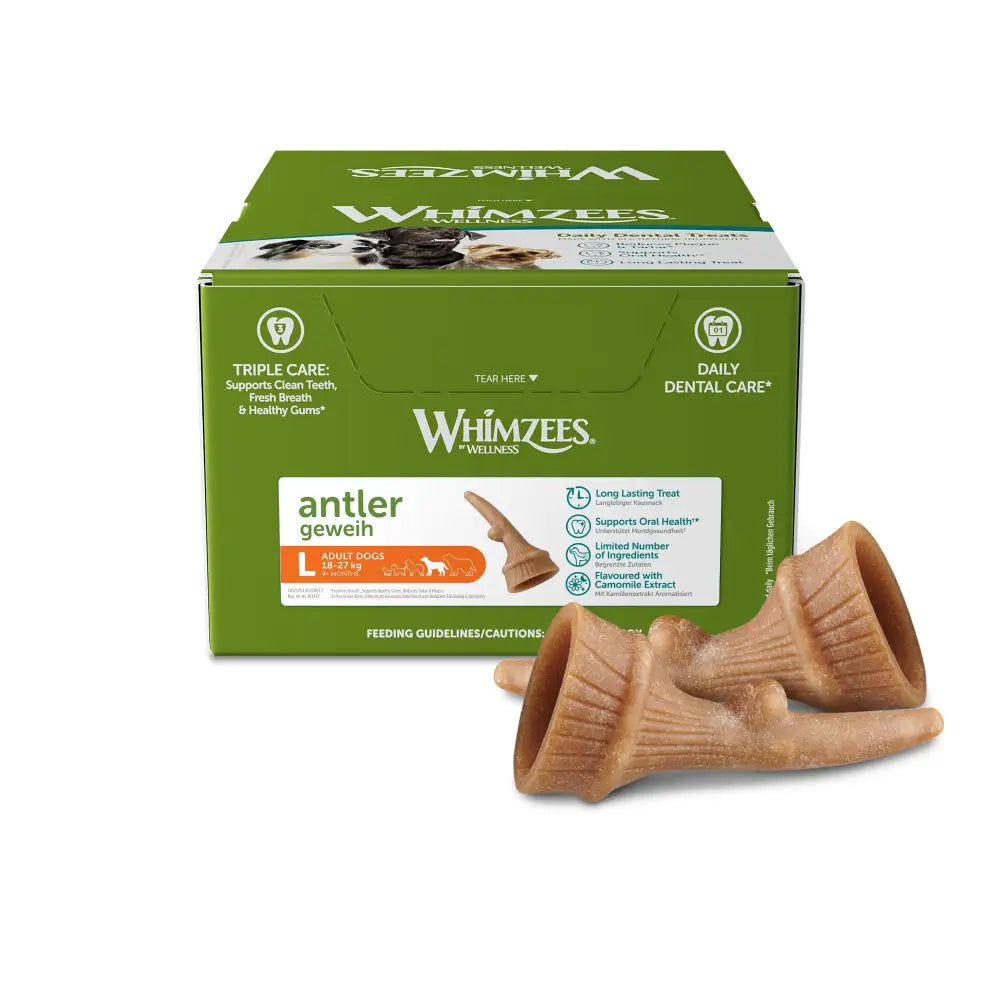 Green box of whimzees antler display l x22 tan textured antler-shaped dental treats for adult dogs