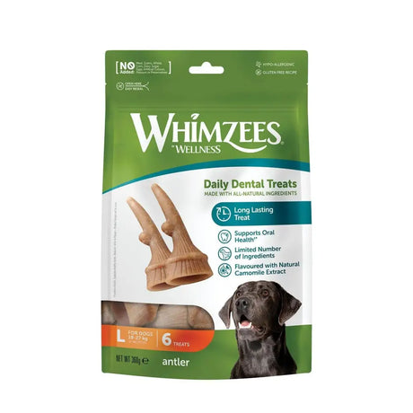 Whimzees antler treat pack with green and white wellness daily dental treat packaging and natural tan antler shaped treats