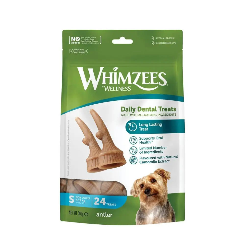 Whimzees antler treat pack with tan antler-shaped daily dental treats in green and white packaging for dogs