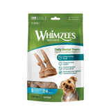 Whimzees antler treat pack with tan antler-shaped daily dental treats in green and white packaging for dogs