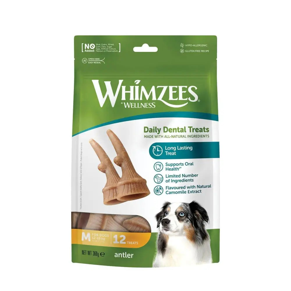 Whimzees antler treat pack with natural camomile flavor in green and white package featuring antler shaped treats