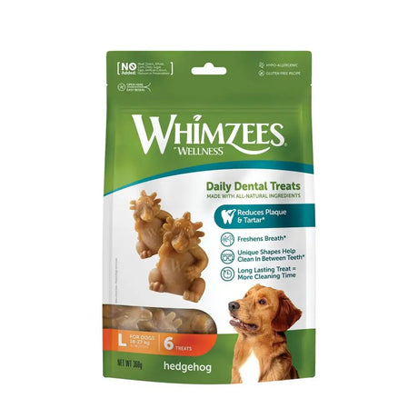 Green and white whimzees hedgehog treat pack with brown hedgehog shaped daily dental treats for dogs
