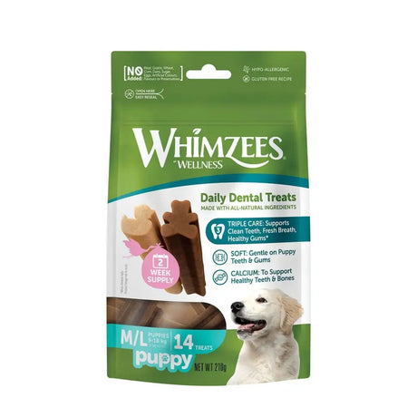 Green and white whimzees puppy package with brown bone shaped puppy treats for daily dental wellness equestrian use