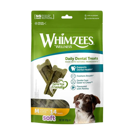 Green and white whimszees soft treat pack of parsley flavored daily dental treats for aging dogs