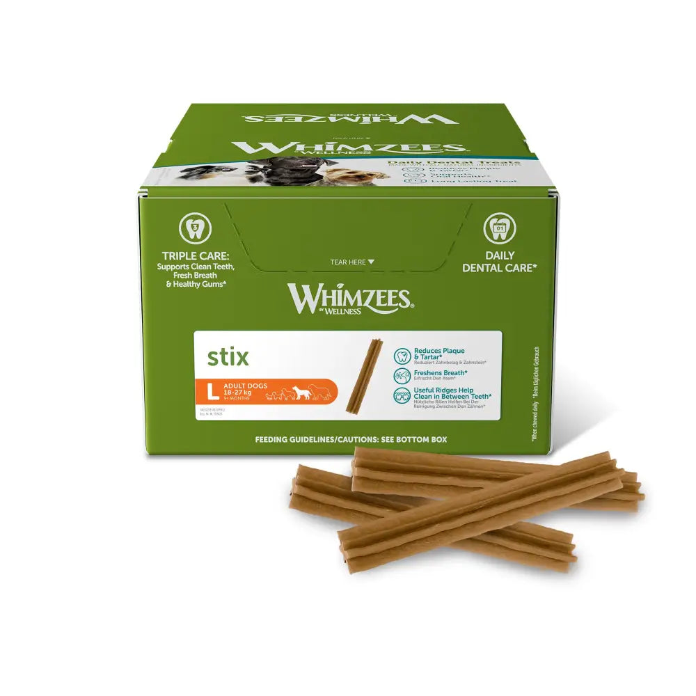 Green box of whimzees stix display dental treats for adult dogs with brown chew sticks showing crude fat info