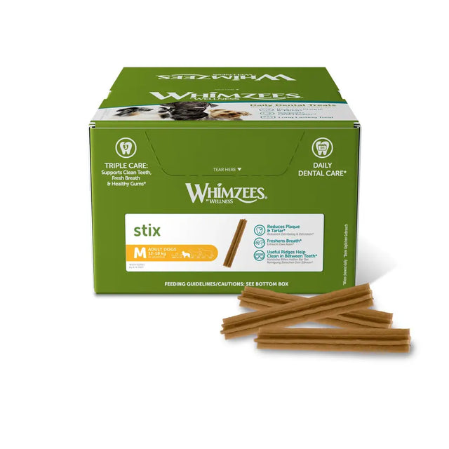 Green box of whimzees stix display med 100x150mm with crude fat for adult dog dental treats
