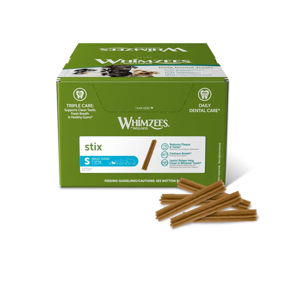 Green box of whimzees stix wellness dental treats for adult dogs in a sml 150x120mm whimzees stix display with crude fat info