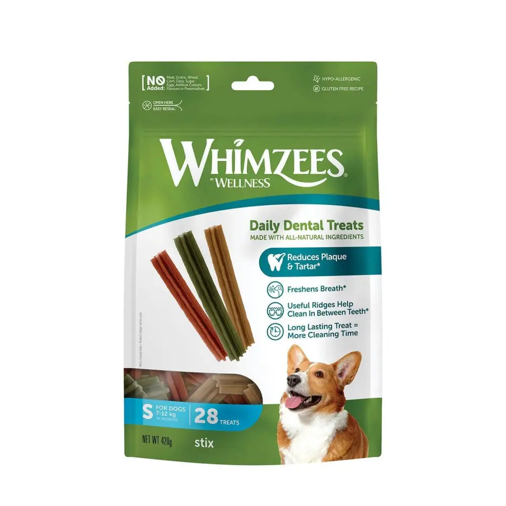 Green and white package of whimzees stix treat pack with colorful stick-shaped daily dental treats for dogs