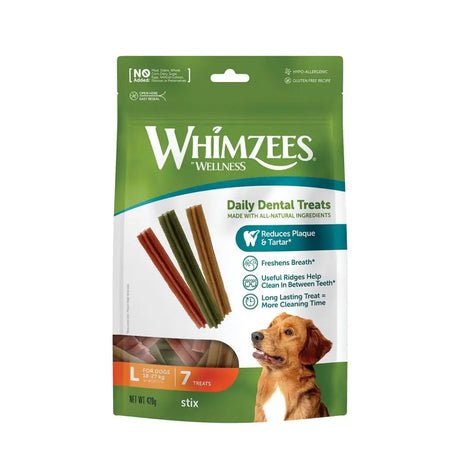 Green and white whimzees stix treat pack with dental wellness daily treats featuring a golden retriever image